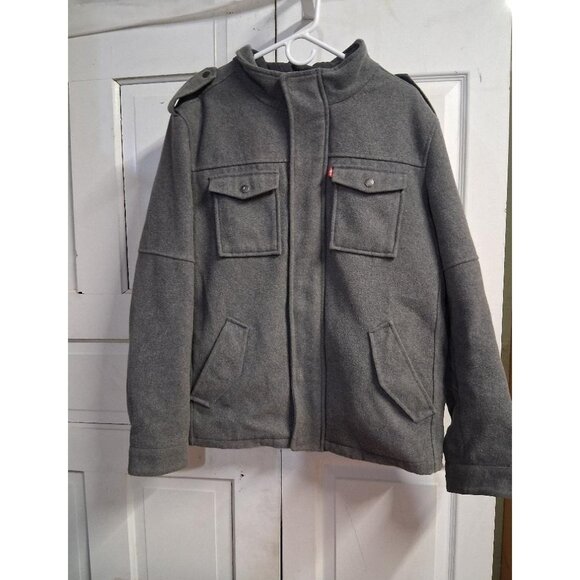 Levis Mens Gray Wool Blend Military-Style Jacket Full-Zip Size L Shoulder Button - Picture 1 of 16